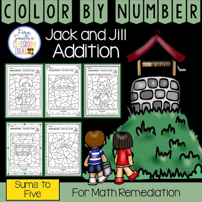 Color By Number Addition For Math Remediation Sums to 5 Jack & Jill Up the Hill