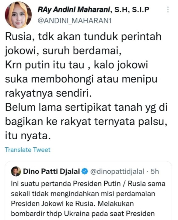 Andini Maharani: Presiden Rusia Tahu, Jokowi Suka Tipu Rakyatnya Sendiri