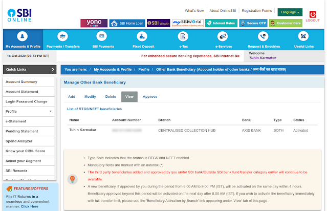 Beneficiary addition on SBI's Internet Banking website