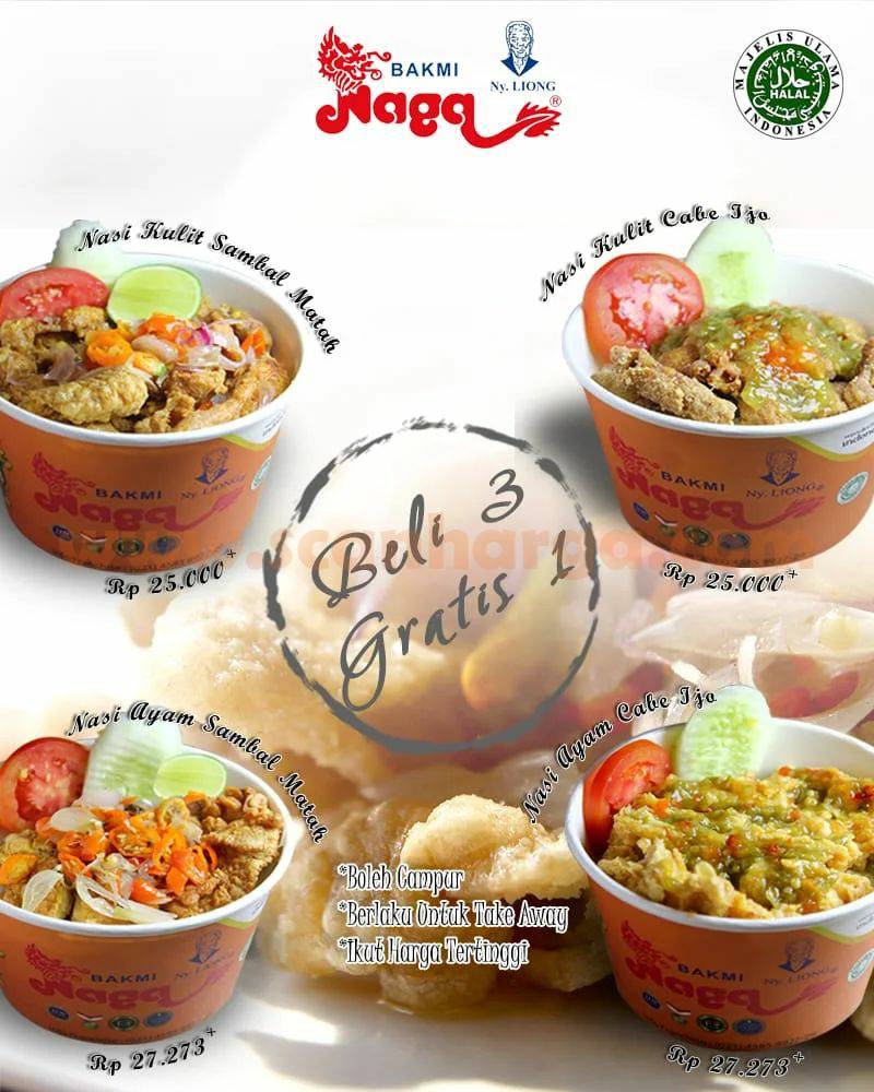 Promo BAKMI NAGA BELI 3 GRATIS 1 (Nasi Kulit & Ayam + Sambal)