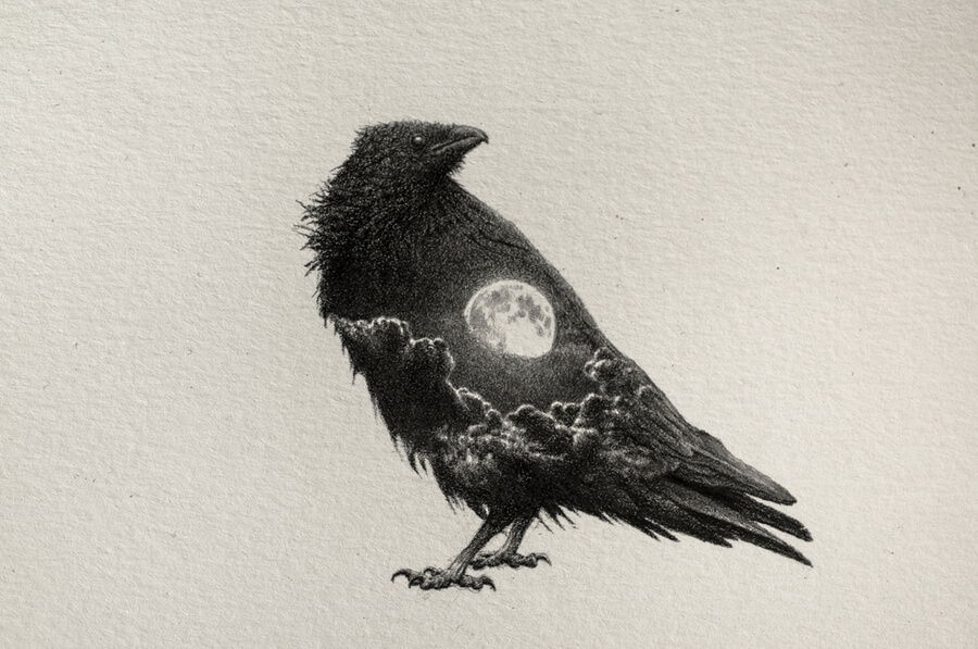 07-Crow-and-moon-Surreal-Animal-Drawing-Mateo-Pizarro-www-designstack-co