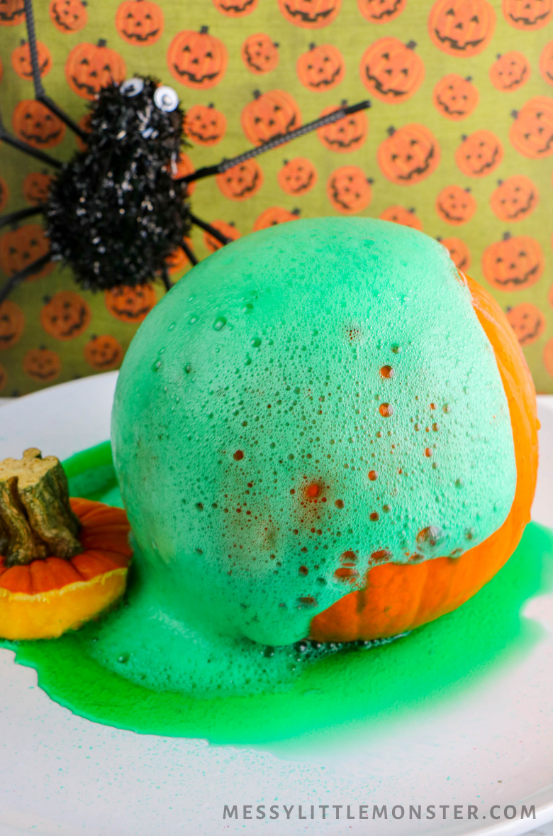 Halloween pumpkin volcano science experiment for kids