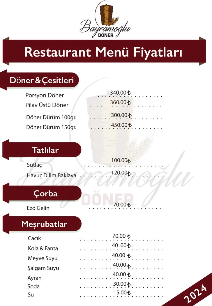 Bayramoğlu Döner Menü Fiyat Listesi