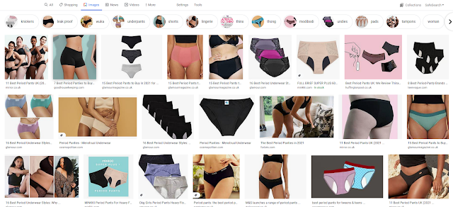 Screen grab of a google search for period pants