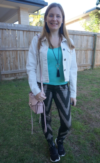 double denim outfit with Sass Bide chevron print playman skinny jeans white jacket and turquoise tank | awayfromblue