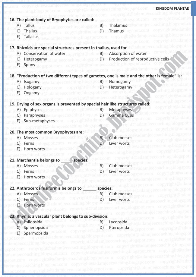 Biology Mcqs XI - Kingdom Plantae