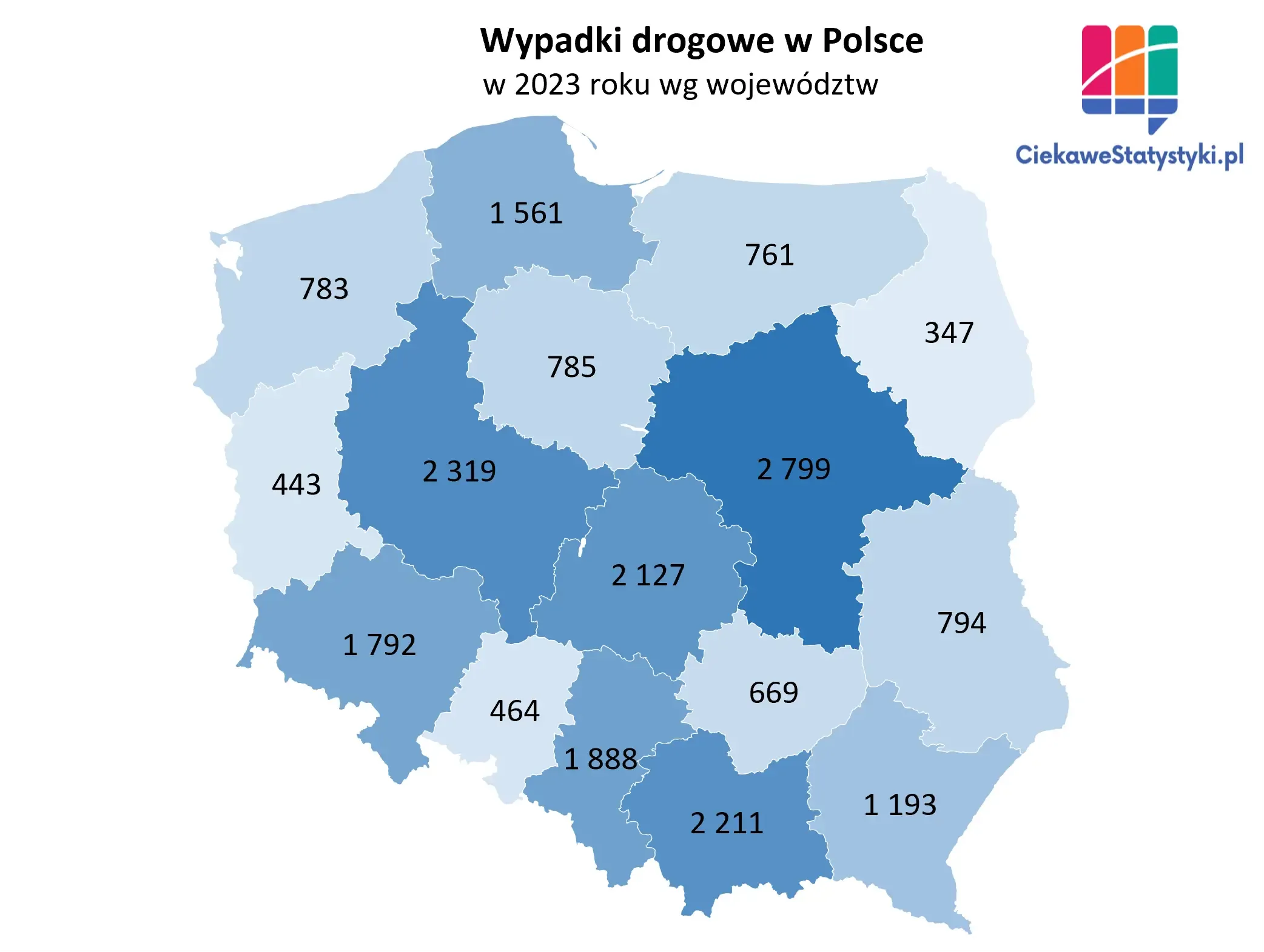Mapa przedstawia liczbę wypadków drogowych w Polsce w poszczególnych województwach