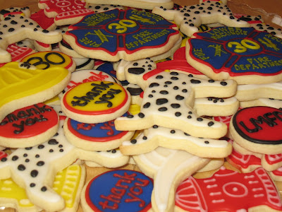 fireman, firemen, hydrant, fire station department, dalmation, decorated cookies, royal glaze icing, maltese cross, crest, thank you