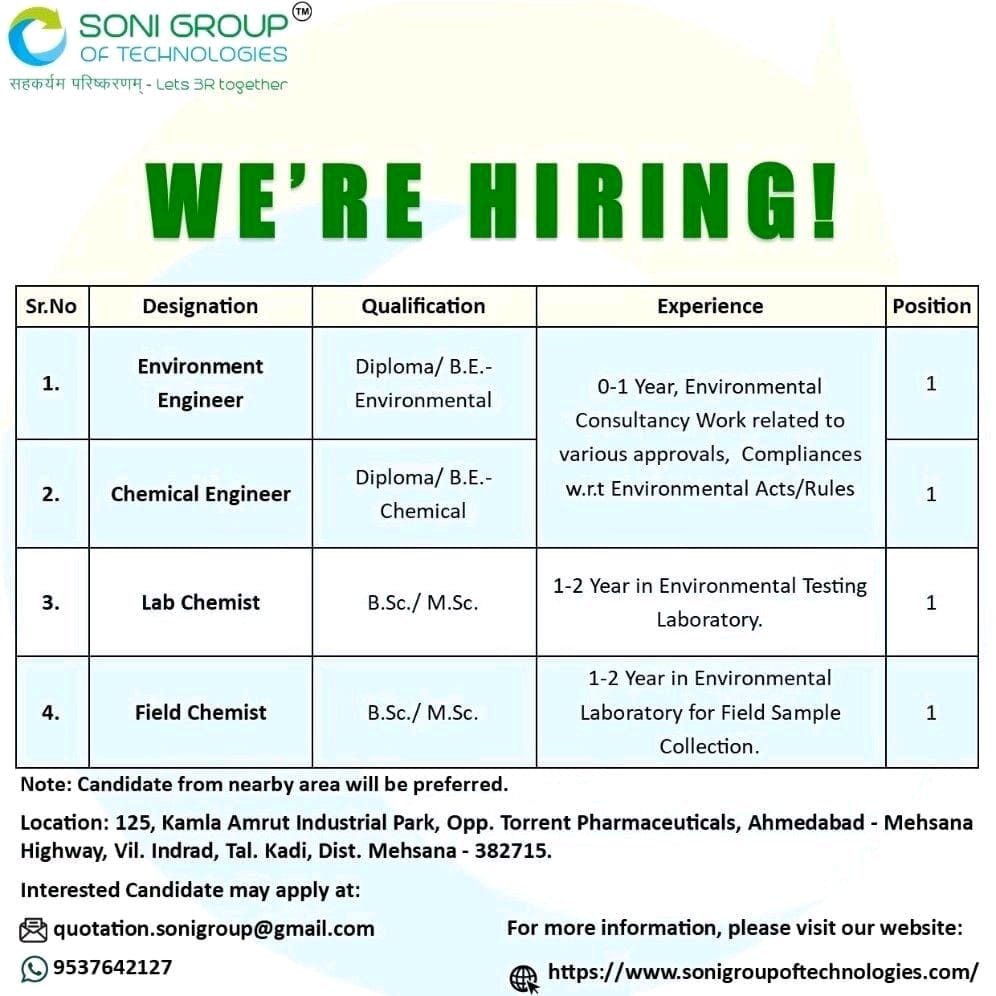 Job Availables,Soni Group of Technologies Job Vacancy For Diploma/ BE Chemical/ Environmental/ BSc/ MSc