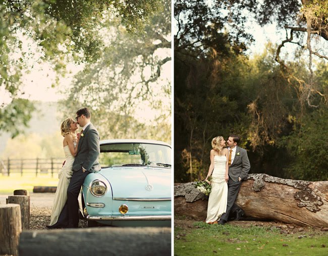 bride and groom getaway car