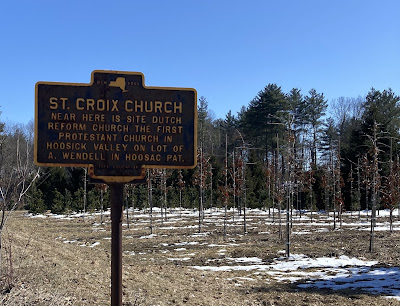 Roadside plaque marking the site of the church at Saint Croix, New York on Route 67, North Hoosick, New York