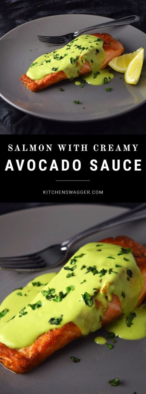 Pan-seared salmon topped with an easy, creamy avocado sauce.