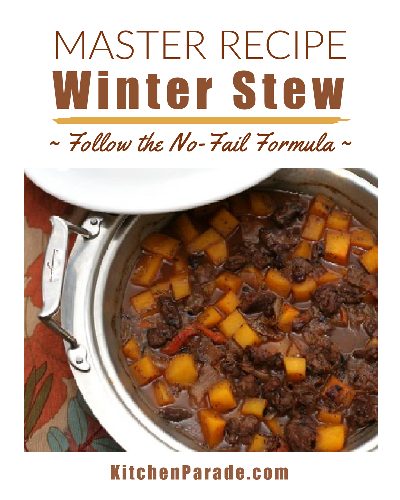 Winter Stew ♥ KitchenParade.com, a master recipe for a wintry meat and vegetable stew, a concept recipe that's been much-tested with many combinations of meats and vegetables, liquids and more. Shown here, elk meat, butternut squash, sherry and dried apricots.