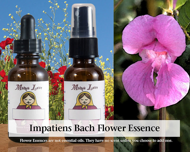 Impatiens flower essence dropper bottle, unscented spray, and flower