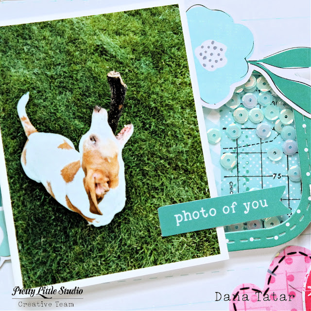 Dana Tatar uses the Sunkissed collection from Pretty Little Studio to create an adorably colorful scrapbook layout featuring her basset hound Peach.
