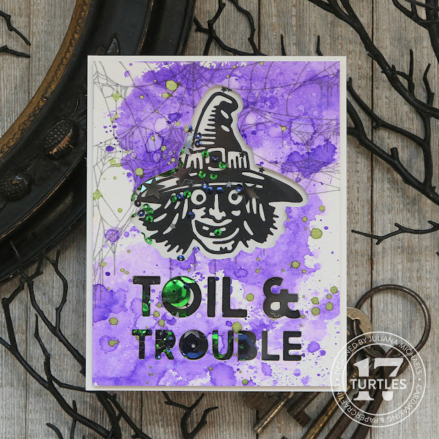 Toil and Trouble Halloween Shaker Card by Juliana Michaels featuring Tim Holtz Retro Halloween and Halloween Bold Text Thinlits