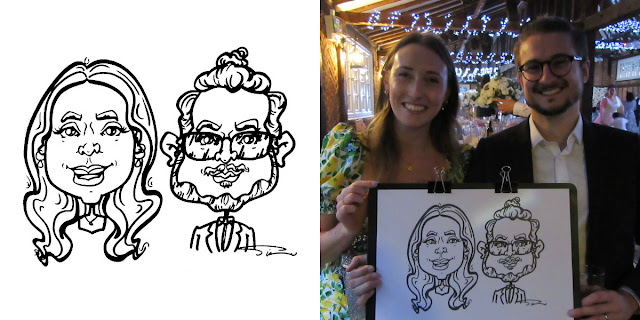 Double caricature portrait and a photo with a young couple