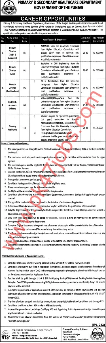 Primary and Secondary Healthcare Department Punjab Jobs 2023  | NTS Online Apply