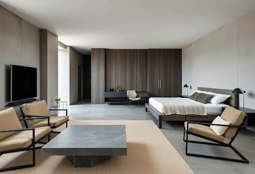 A bedroom with brutalist design