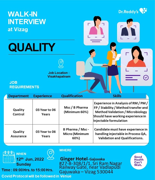 Dr.Reddy's Laboratories | Walk-in interview at Vizag for QC/QA on 12th June 2022