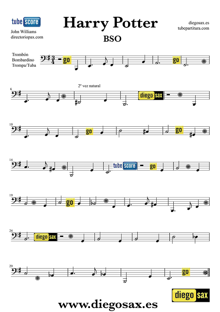 Partitura de Harry Potter para Trombón Bombardino Tuba Elicón Partitura Hedwig´s Theme Theme songs Sheet music for Trombone Horn Euphonium and Tube Elicon (music score). Partitura para piano aquí