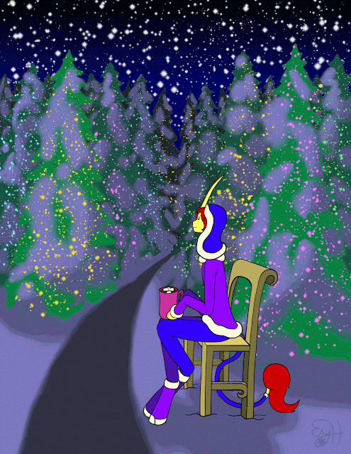 A unicorn sits in a snowy forest filled with twinkling Christmas lights, drinking hot chocolate and watching the stars.