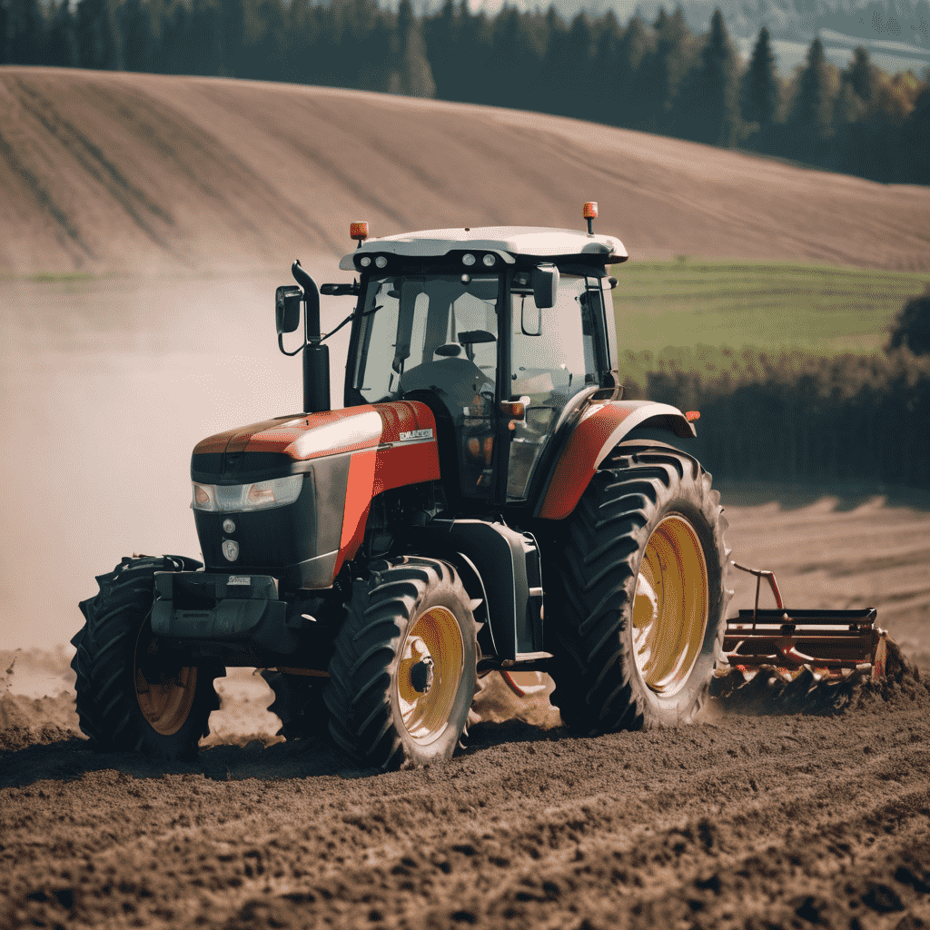 Image of a tractor in a field, working on plowing the land.