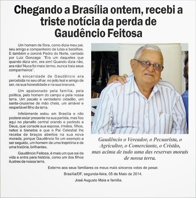 Nota de Pesar de José Augusto Maia pelo falecimento de Gaudêncio Feitosa‏