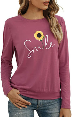 Qflmy Women Casual Shirt Long Sleeves Sunflower Pattern Round Neck T-Shirt