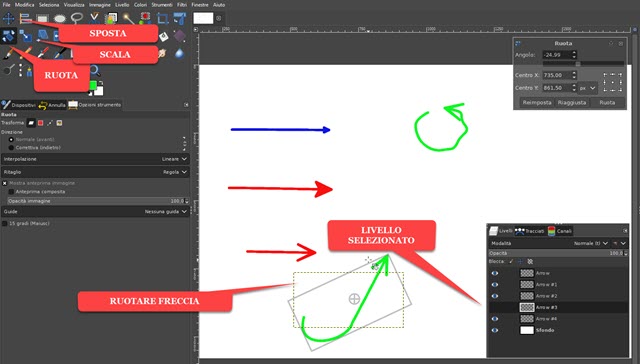 spostare ruotare e ridimensionare le frecce
