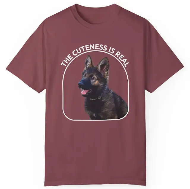 Garment Dyed T-Shirt for Men and Women With European Black Sable, Plush Coated German Shepherd Puppy Sloppy Sitting and Caption The Cuteness Is Real