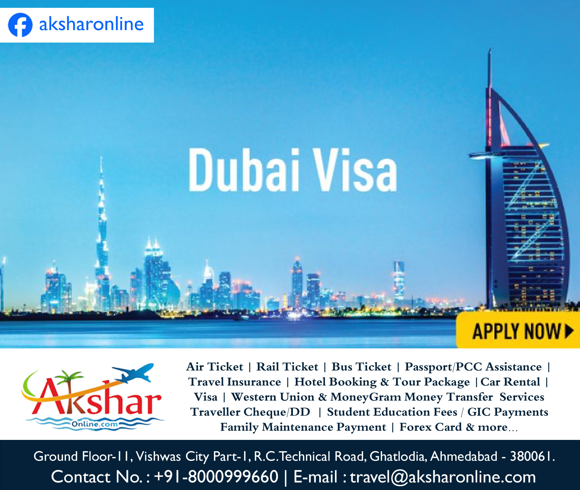 🌟 Explore the dazzling city of Dubai with ease! 🌟 ✈️ Planning a trip to the UAE? We've got you covered with our hassle-free 30-days UAE Tourist Single Entry Visa package, complete with COVID insurance! ✈️ 🛡️ Your safety is our priority! With comprehensive COVID insurance included, travel worry-free and enjoy every moment of your trip. 📋 Required Documents: Passport Front & Back Scan Page Photograph PAN card 💰 Price: 7500/- per person 📞 To book your UAE Tourist Visa, call/WhatsApp us at +91-8000999660. Don't miss out on this incredible opportunity to experience the magic of the UAE! Book now and embark on the adventure of a lifetime! ✨ #UAETouristVisa #uaevisa #dubaivisa #dubaitouristvisa #aksharonline