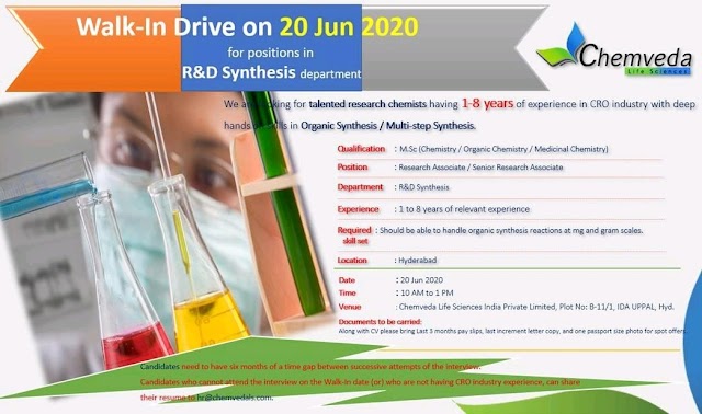 Chemveda Lifesciences | Walk-in for R&D synthesis at Hyderabad on 20 June 2020