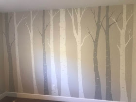 nursery mural, neutral nursery mural, tree nursery mural, birch tree mural, mountain nursery mural, grey nursery mural, grey nursery, portland muralist, portland nursery mural