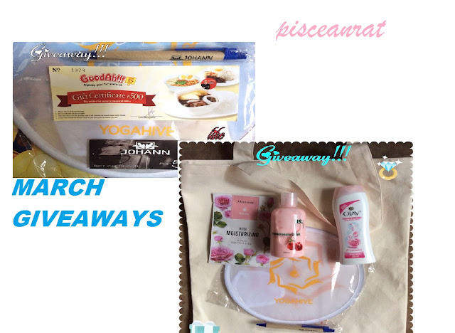 pisceanrat giveaway, Goodah 500 GC, Johann 50 GC and ballpen, Yogahive fan 2. Mamonde rose mask, Olay rose body wash, Diana Stalder pomegranate lotion, Johann ballpen,Yogahive fan and bag