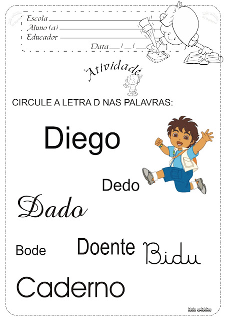 Atividade Caça Letras D para cirular o texto.