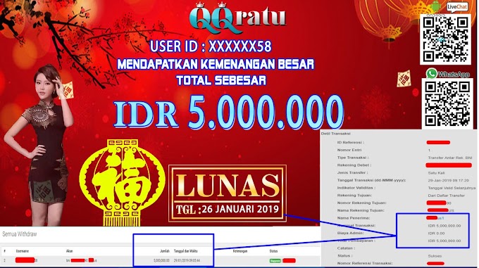 BUKTI TRANSFER KEMENANGAN USER ID : XXXXXX58 RP. 5.000.000 ( LUNAS ) 