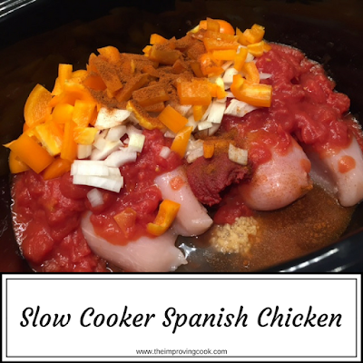 Spanish chicken ingredients in the slow cooker with text overlay.