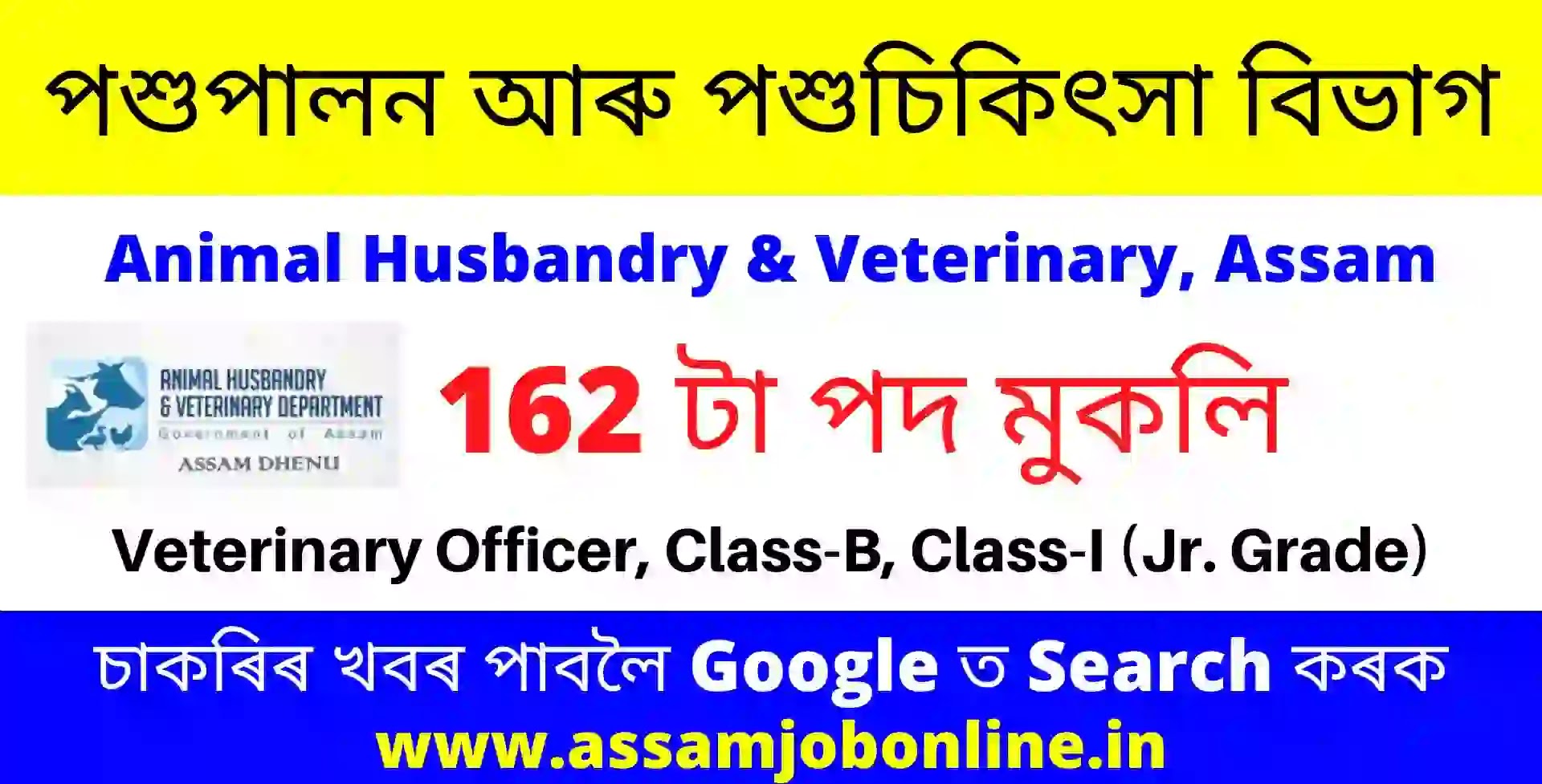 Animal Husbandry & Veterinary Recruitment : 162 Veterinary Officer,  Class-B, Class-I (Jr. Grade)