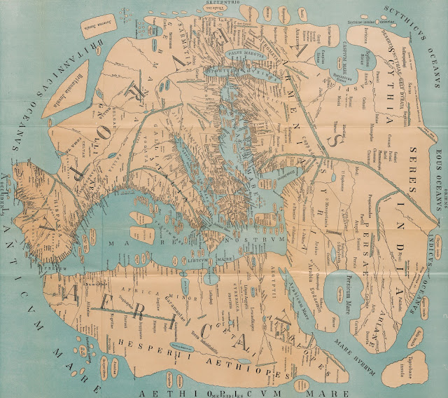 Antiguo mapa del mundo, con Europa, Asia y África.