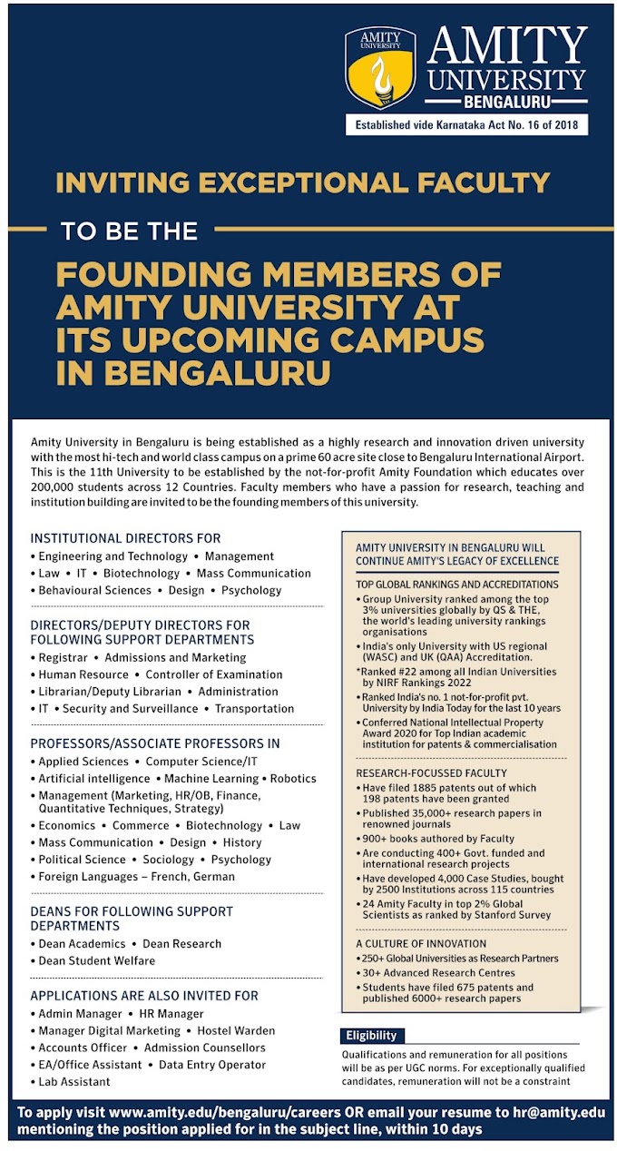 AMITY Bengaluru Biotech Faculty Jobs