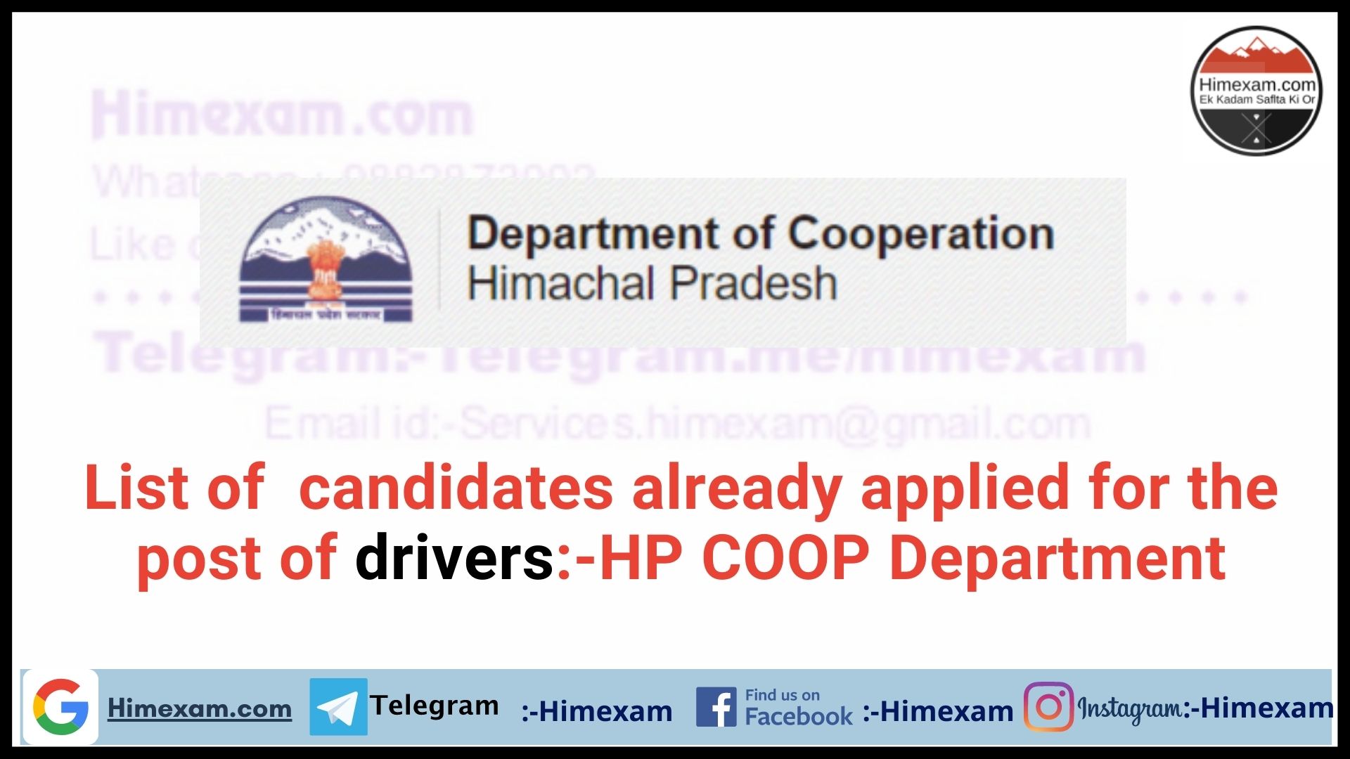 List of  candidates already applied for the post of drivers:-HP COOP Department