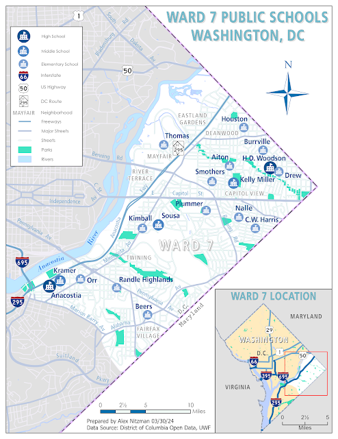 Thematic map showing the public schools in Ward 7 in Washington, DC