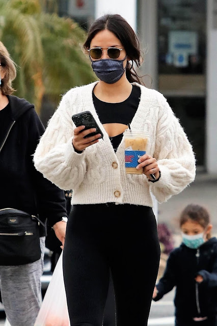 Eiza Gonzalez in black leggings makes a morning coffee run in West Hollywood