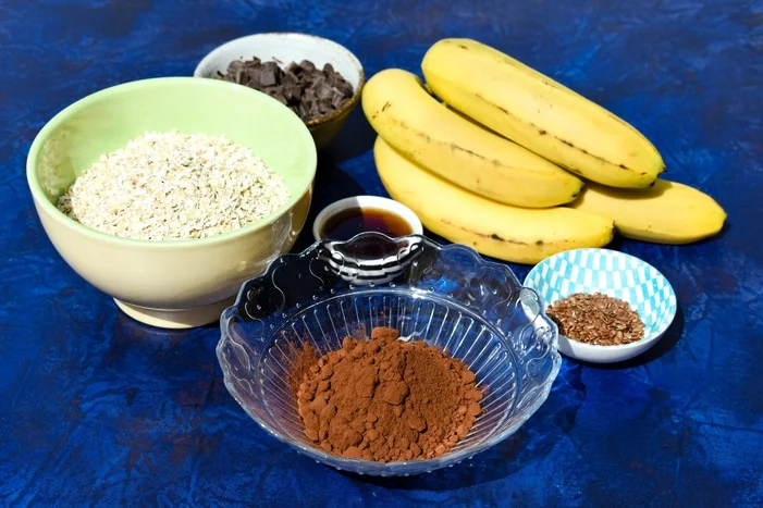Ingredients laid out for making Oaty Chocolate and Banana Cookies