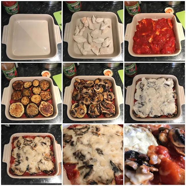 A collage of 9 photographs showing step by step images of layering the bake as in the instructions and a close up of the cooked bake