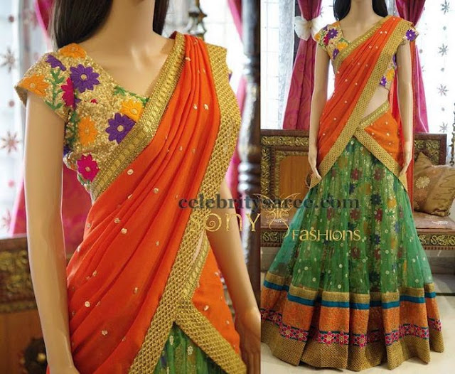 Green Net Floral Lehenga by Sony Reddy