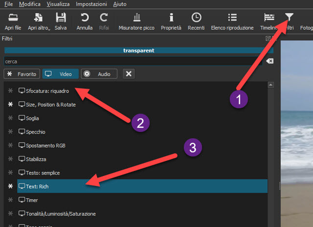 aggiunta del filtro Text Rich con Shotcut