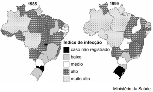 ENEM 2007: Os mapas abaixo apresentam informações acerca dos índices de infecção por leishmaniose tegumentar americana (LTA) em 1985 e 1999.