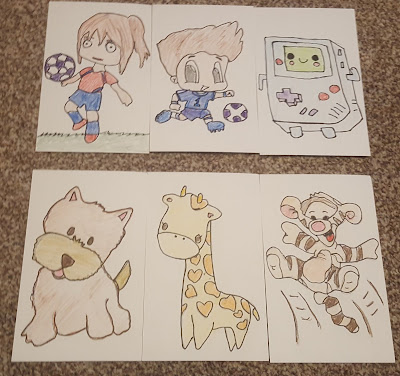 Hand Drawn Postcards, a girl footballer, a boy footballer, a happy game console, a dog, a giraffe, tigger bouncing!